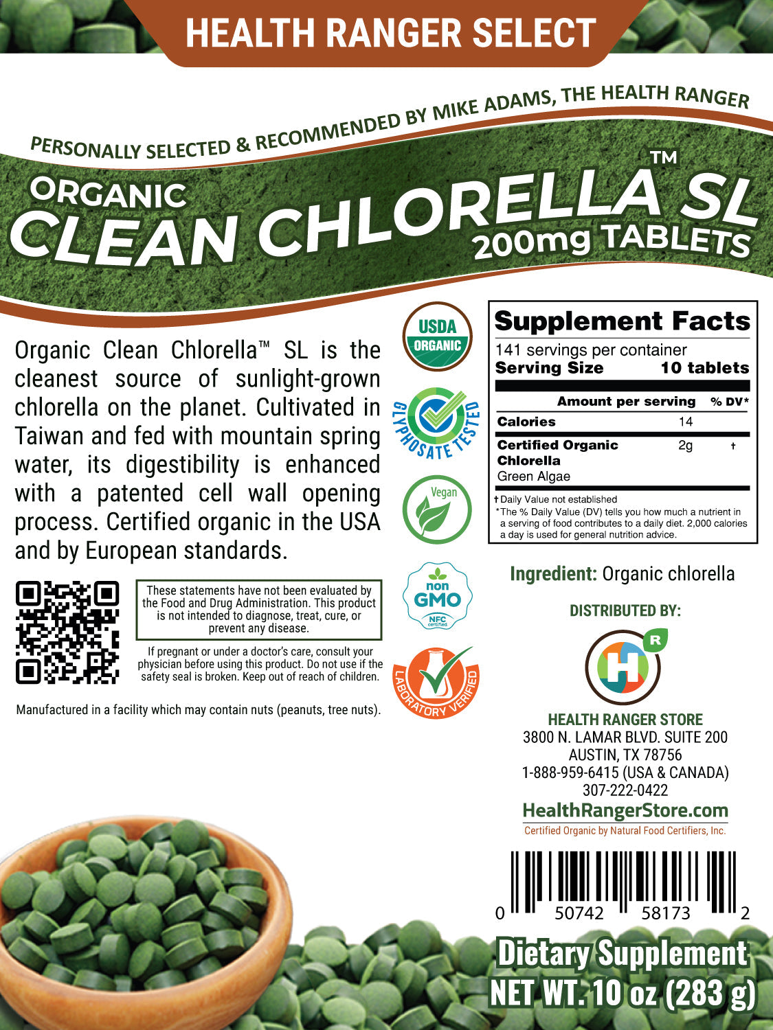 Organic Clean Chlorella SL 200mg Tablets (10oz, 283g), approximately 1415 tablets (3-Pack)