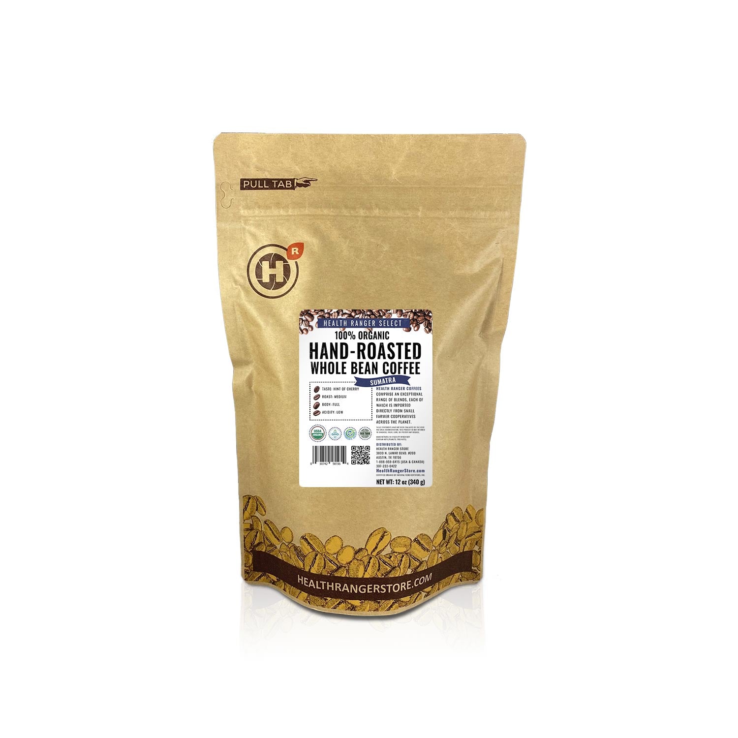 100% Organic Hand-Roasted Whole Bean Coffee (Sumatra) 12oz, 340g (6-Pack)