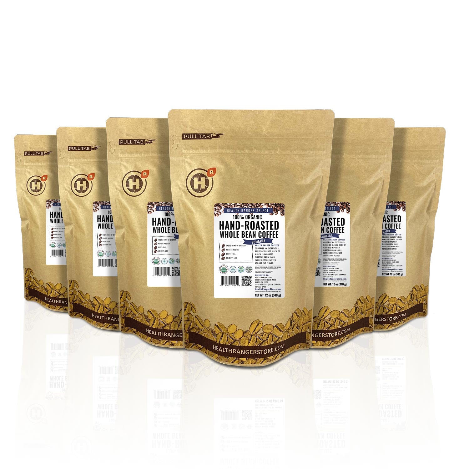 100% Organic Hand-Roasted Whole Bean Coffee (Sumatra) 12oz, 340g (6-Pack)