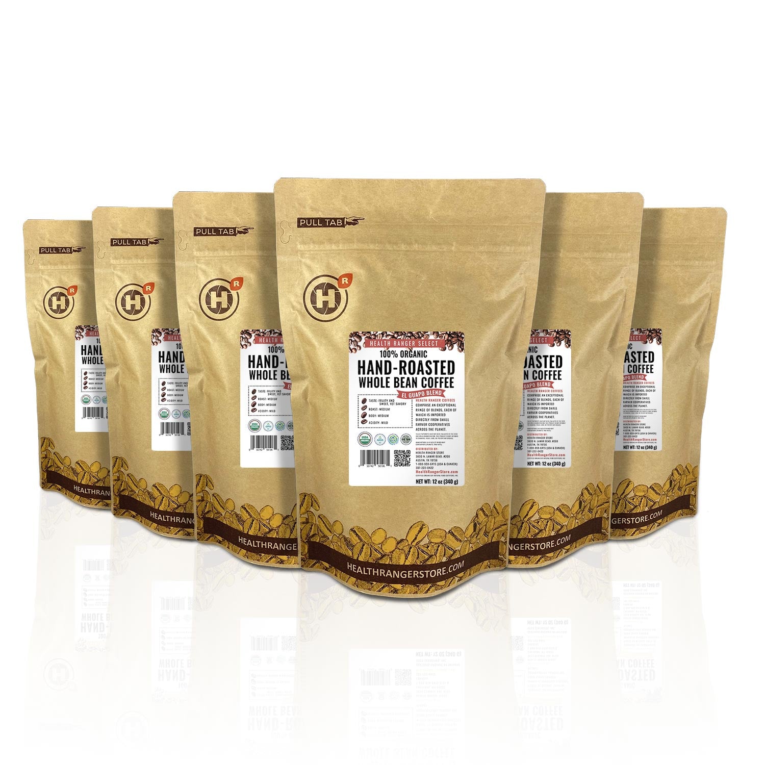 100% Organic Hand-Roasted Whole Bean Coffee (El Guapo Blend) 12oz, 340g (6-Pack)