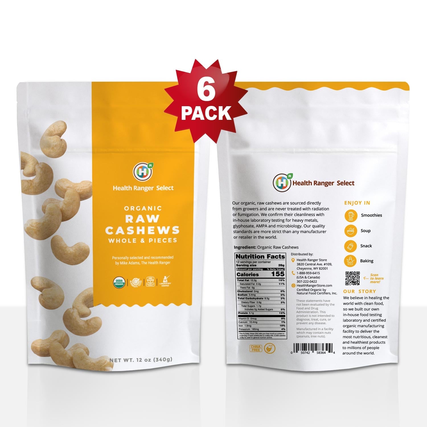 Organic Raw Cashews (Whole & Pieces), 12oz (340g) (6-Pack)