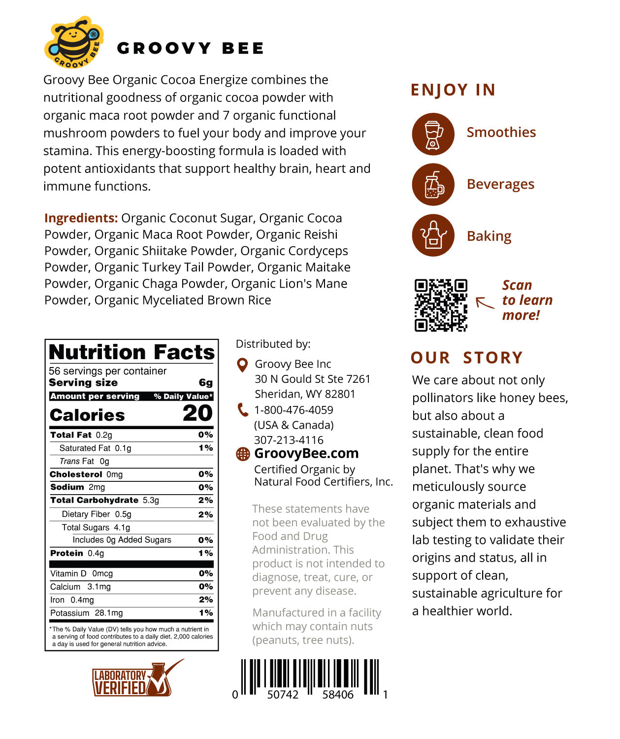 Organic Cocoa Energize 12 oz (340 g) (6-Pack)