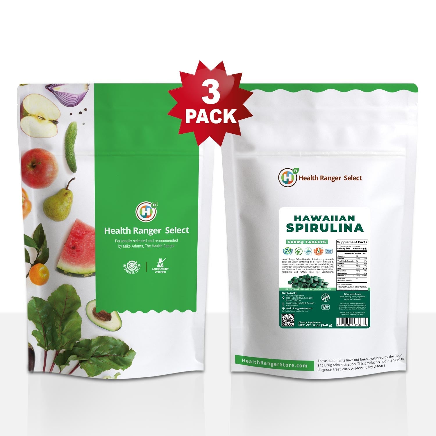 Hawaiian Spirulina Cold Pressed 500mg Tablets 12 oz (340g) (3-Pack)
