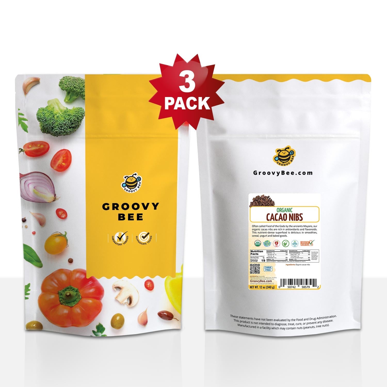 Organic Raw Cacao Nibs 12oz (340g) (3-Pack)
