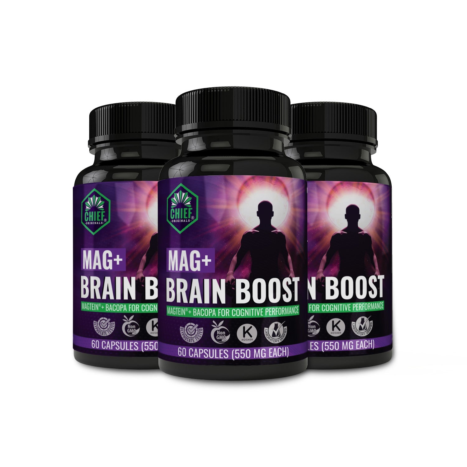 Mag+ Brain Boost Nootropic (Magtein + Bacopa for Cognitive Performance) 60 Capsules (550mg Each) (3-Pack)