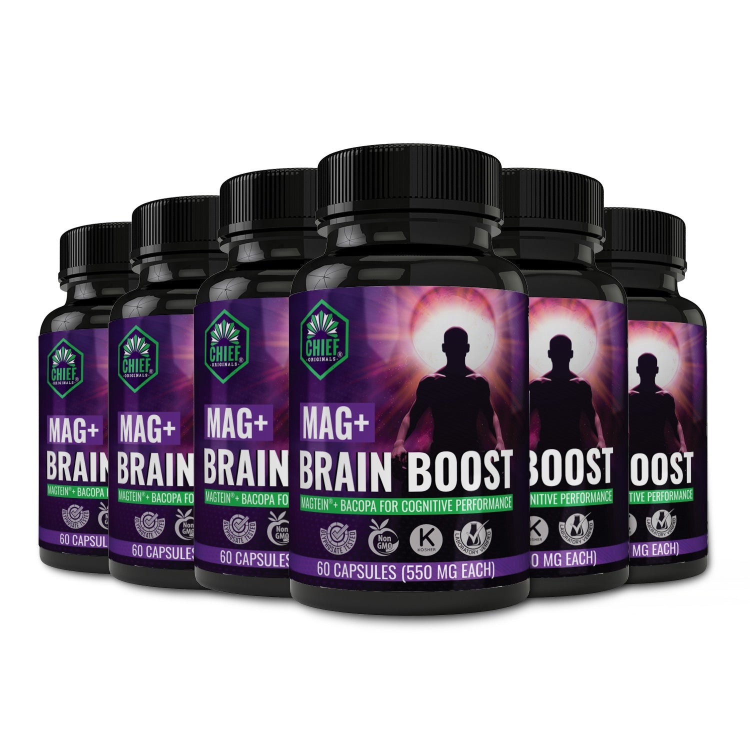 Mag+ Brain Boost Nootropic (Magtein + Bacopa for Cognitive Performance) 60 Capsules (550mg Each) (6-Pack)