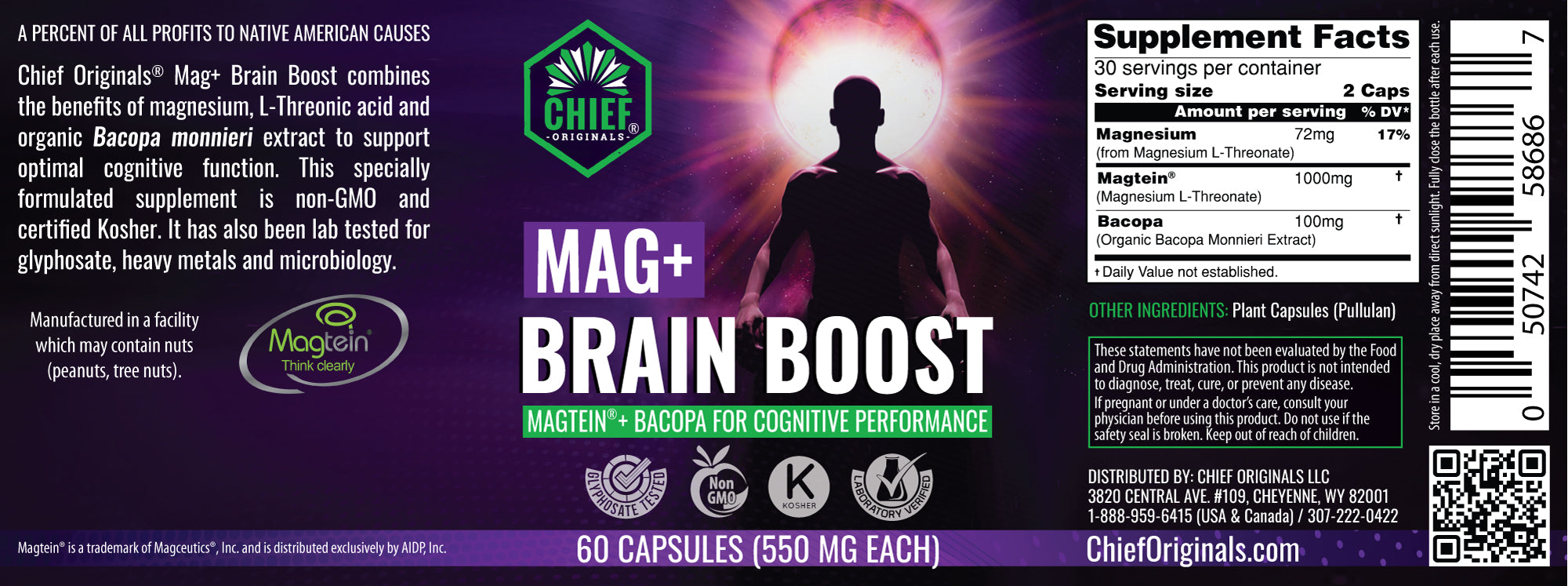 Mag+ Brain Boost Nootropic (Magtein + Bacopa for Cognitive Performance) 60 Capsules (550mg Each) (6-Pack)