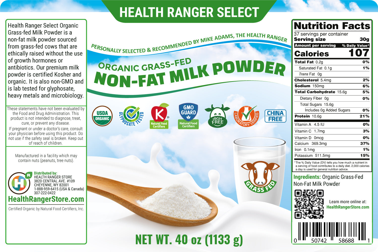 Organic Grass-Fed Non-Fat Milk Powder 40 oz (1133 g,