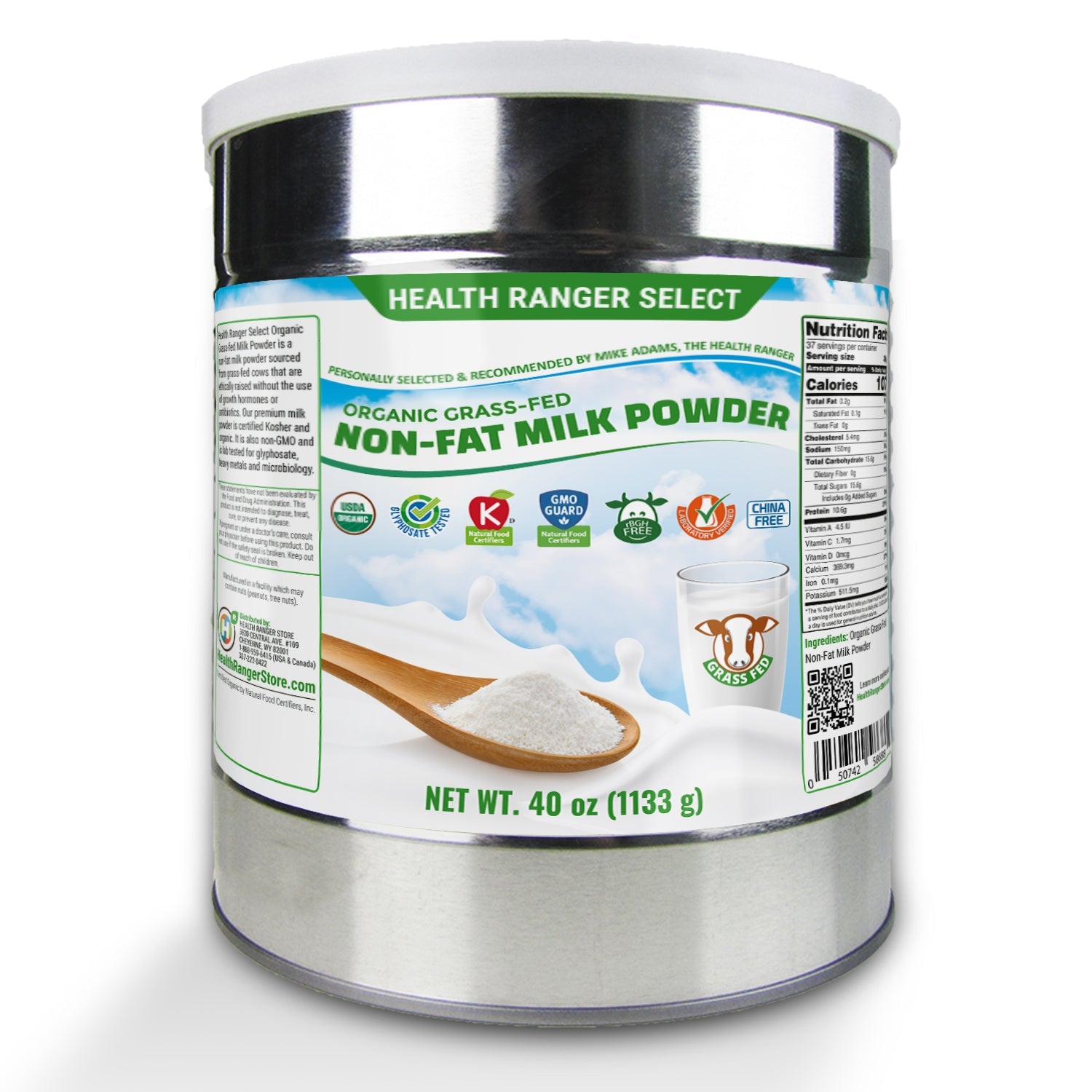 Organic Grass-Fed Non-Fat Milk Powder 40 oz (1133 g,