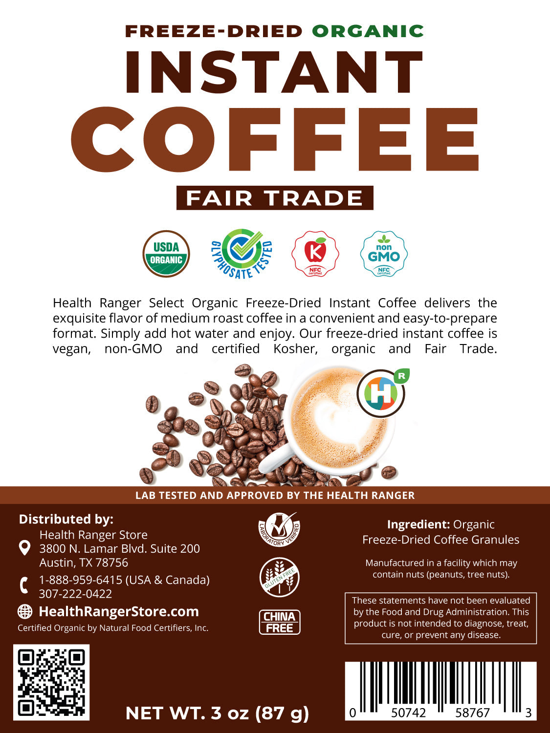 Fair Trade Organic Freeze-Dried Instant Coffee 3oz (87g) (3-Pack)