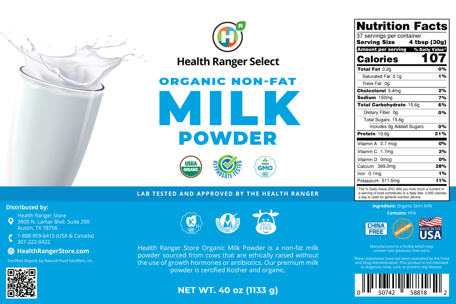 Organic Non-Fat Milk Powder (40 oz, 1133g)