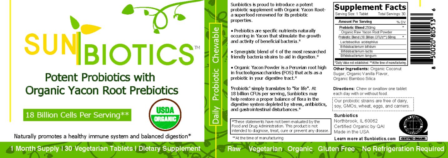 Sunbiotics Organic Potent Probiotic & Prebiotic Tablets - 30 count (3-Pack)