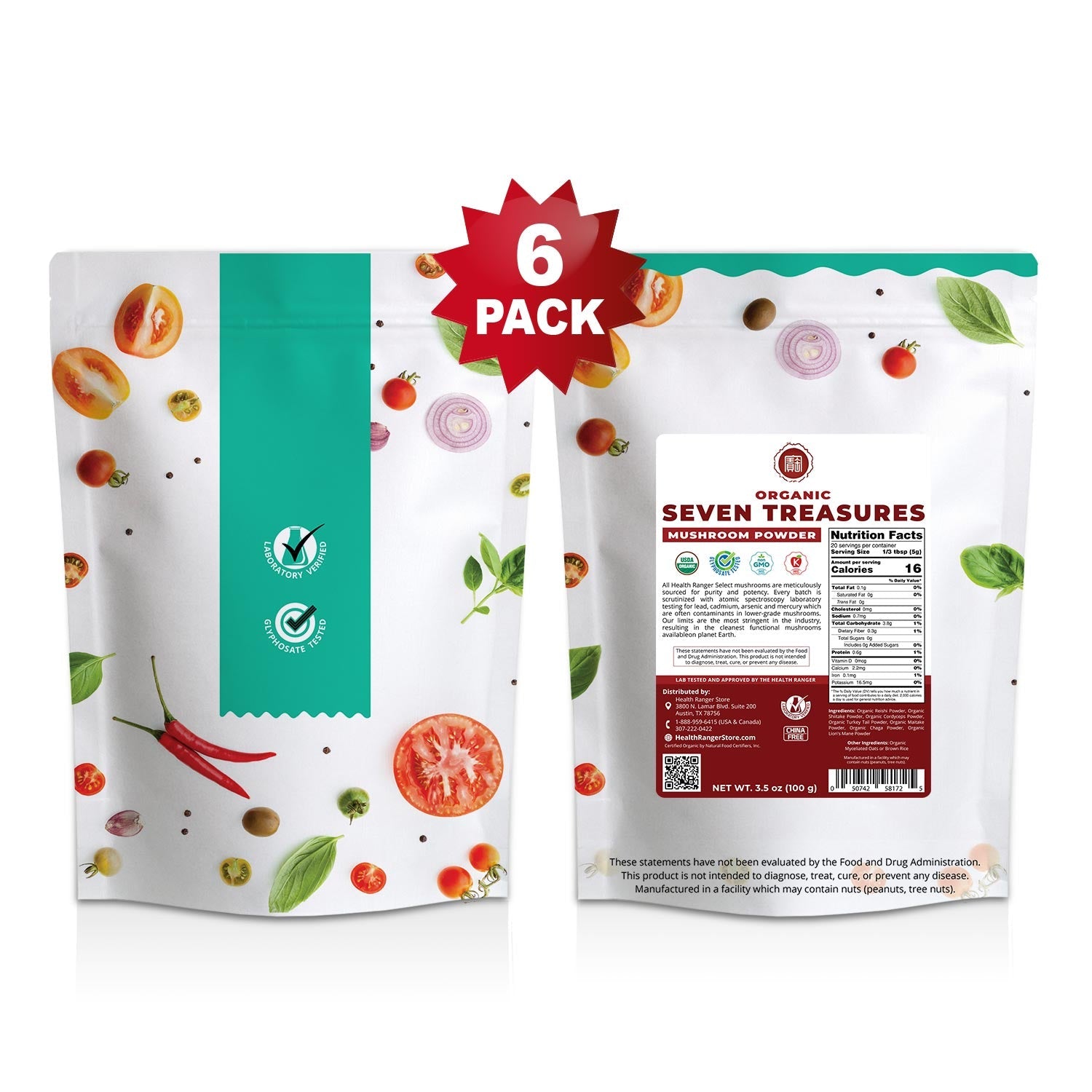 Organic Seven Treasures Mushroom Powder 100g (6-Pack)