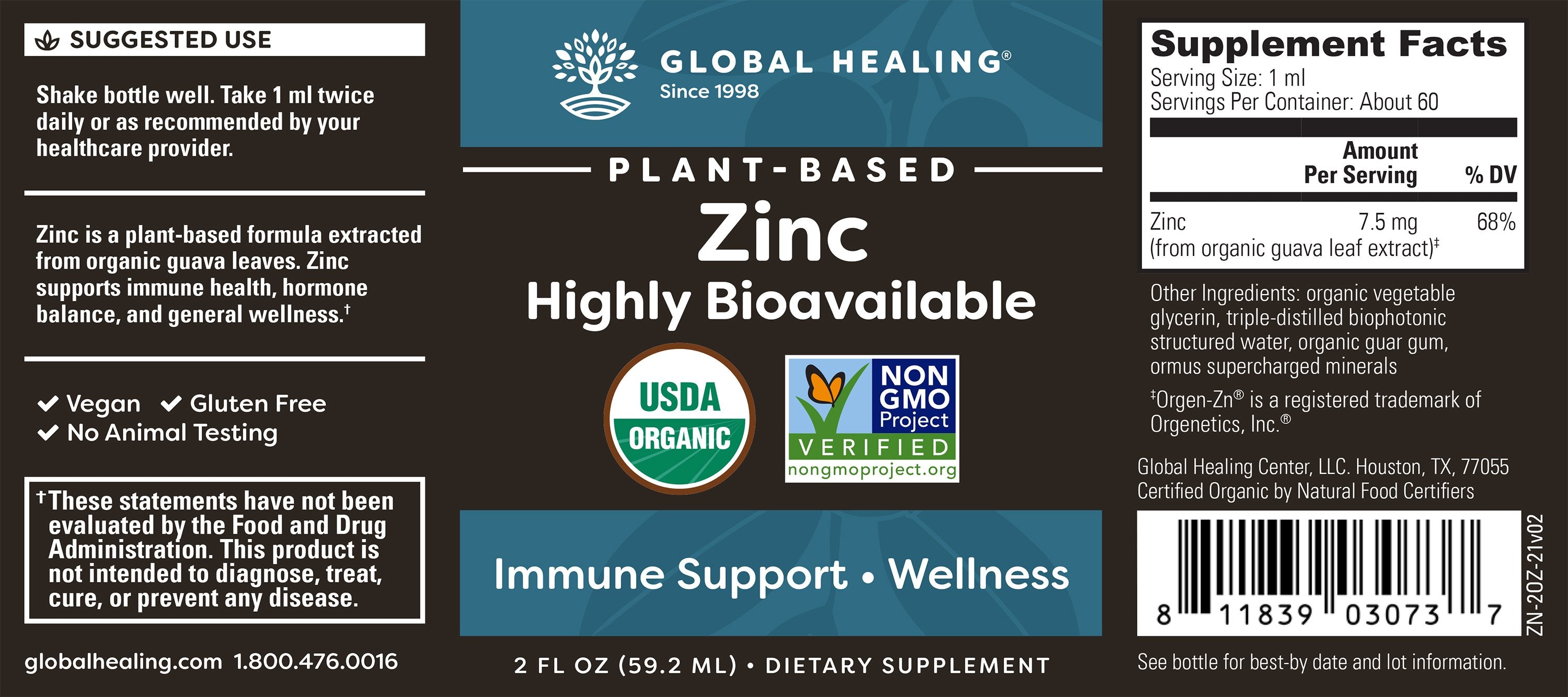 USDA Organic Liquid Plant Based Zinc 2 fl oz (59.2 ml)