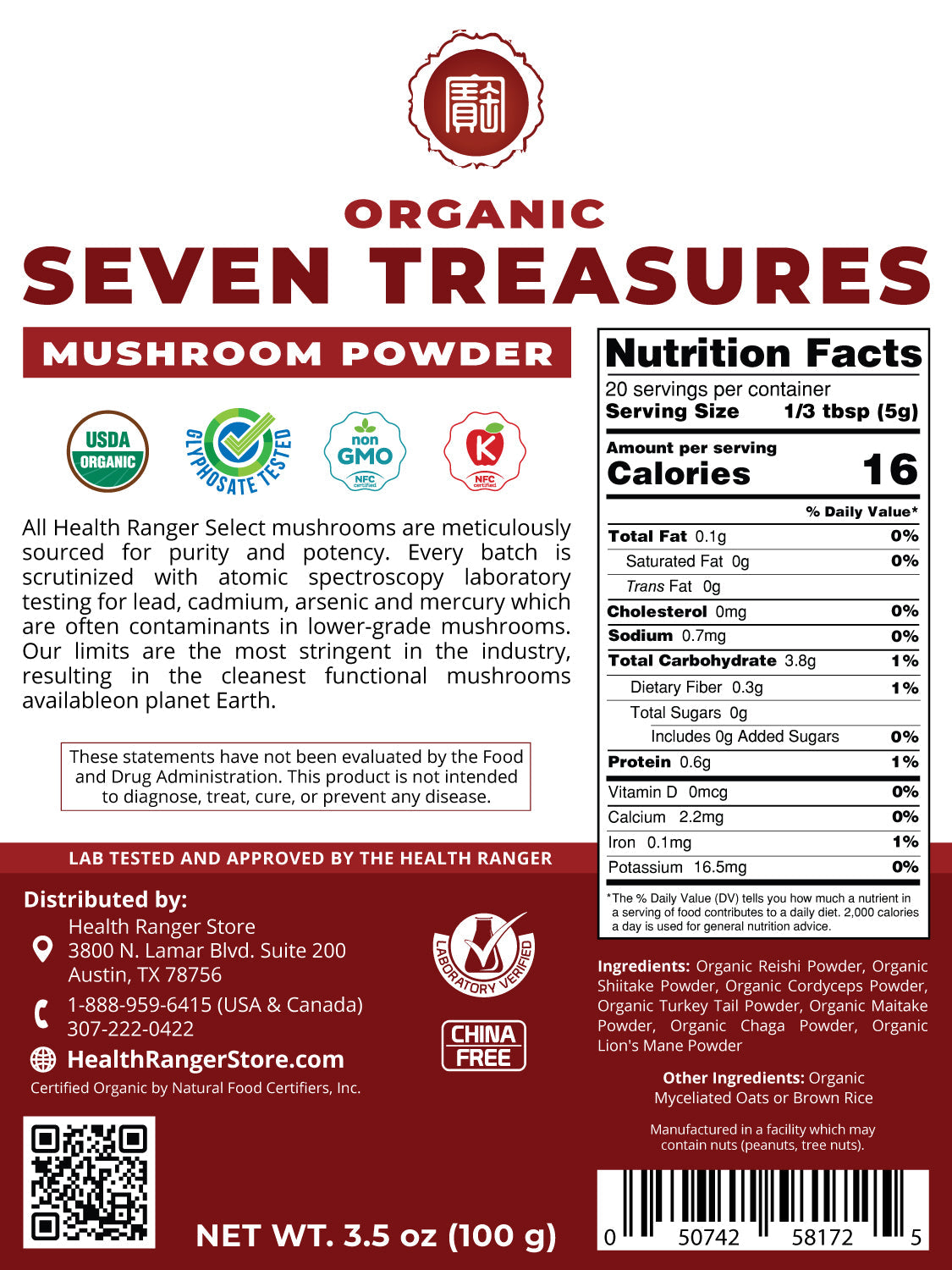 Organic Seven Treasures Mushroom Powder 100g (6-Pack)