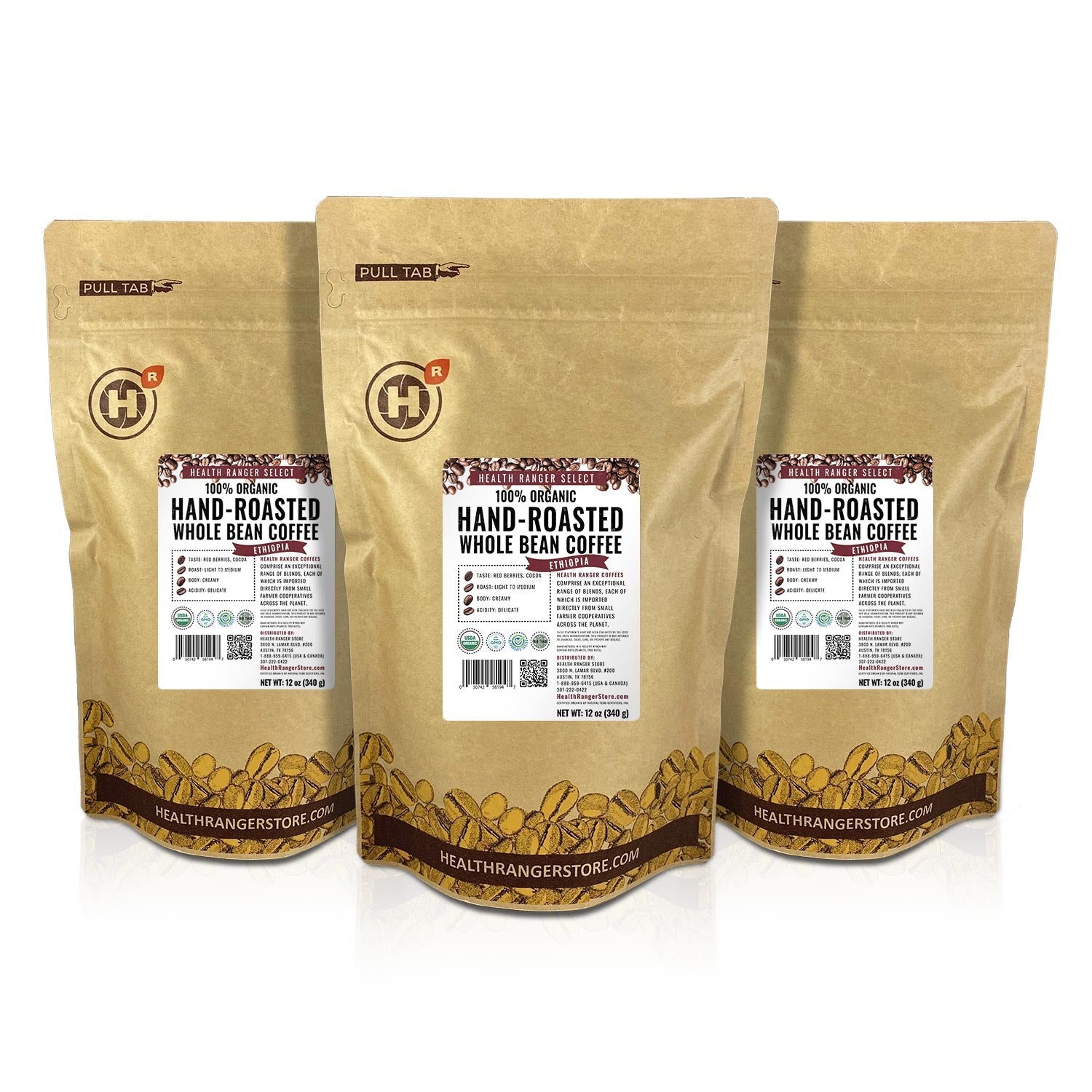 100% Organic Hand-Roasted Whole Bean Coffee (Ethiopia) 12oz, 340g (3-Pack)