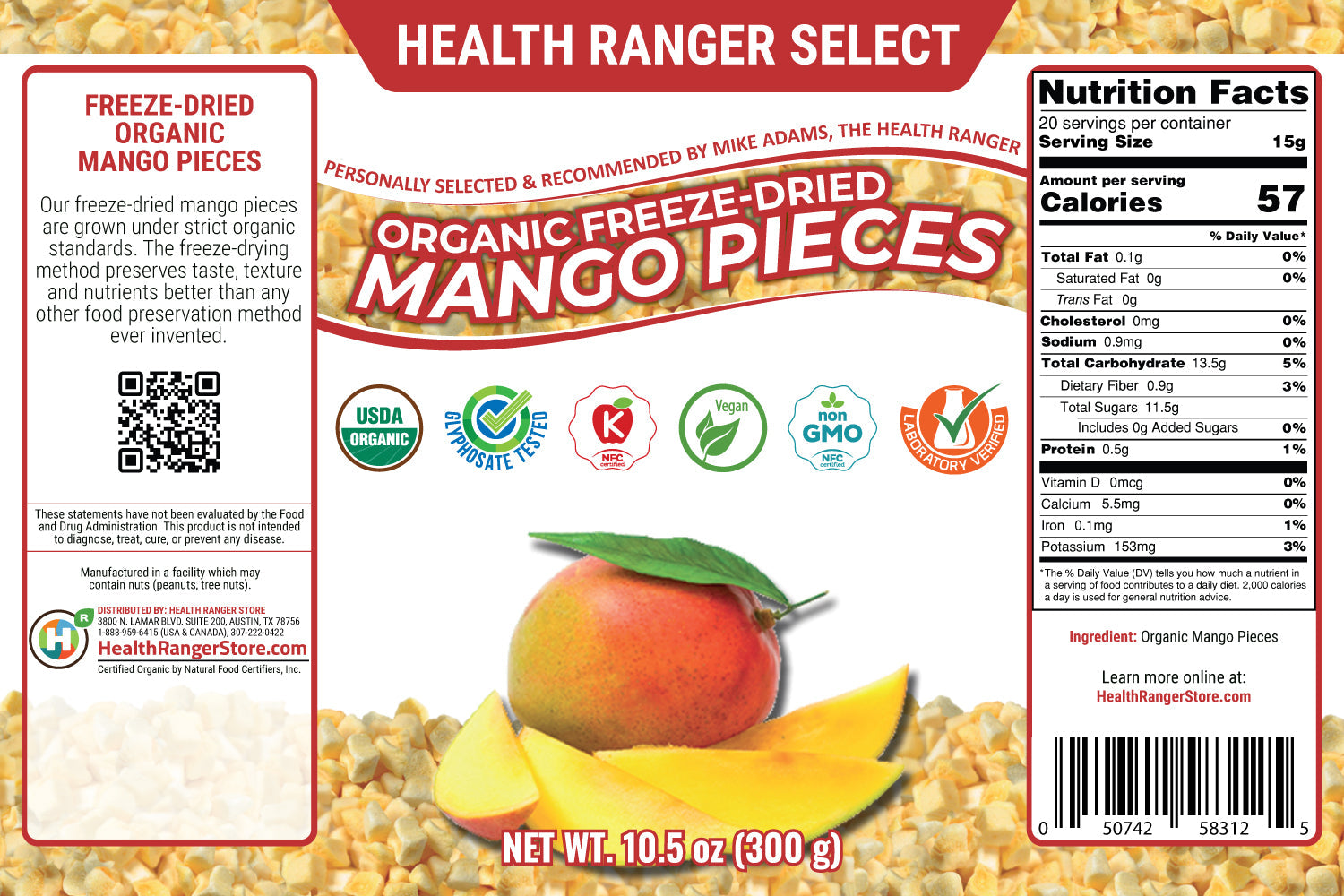 Freeze-Dried Organic Mango Pieces (10.5oz, 
