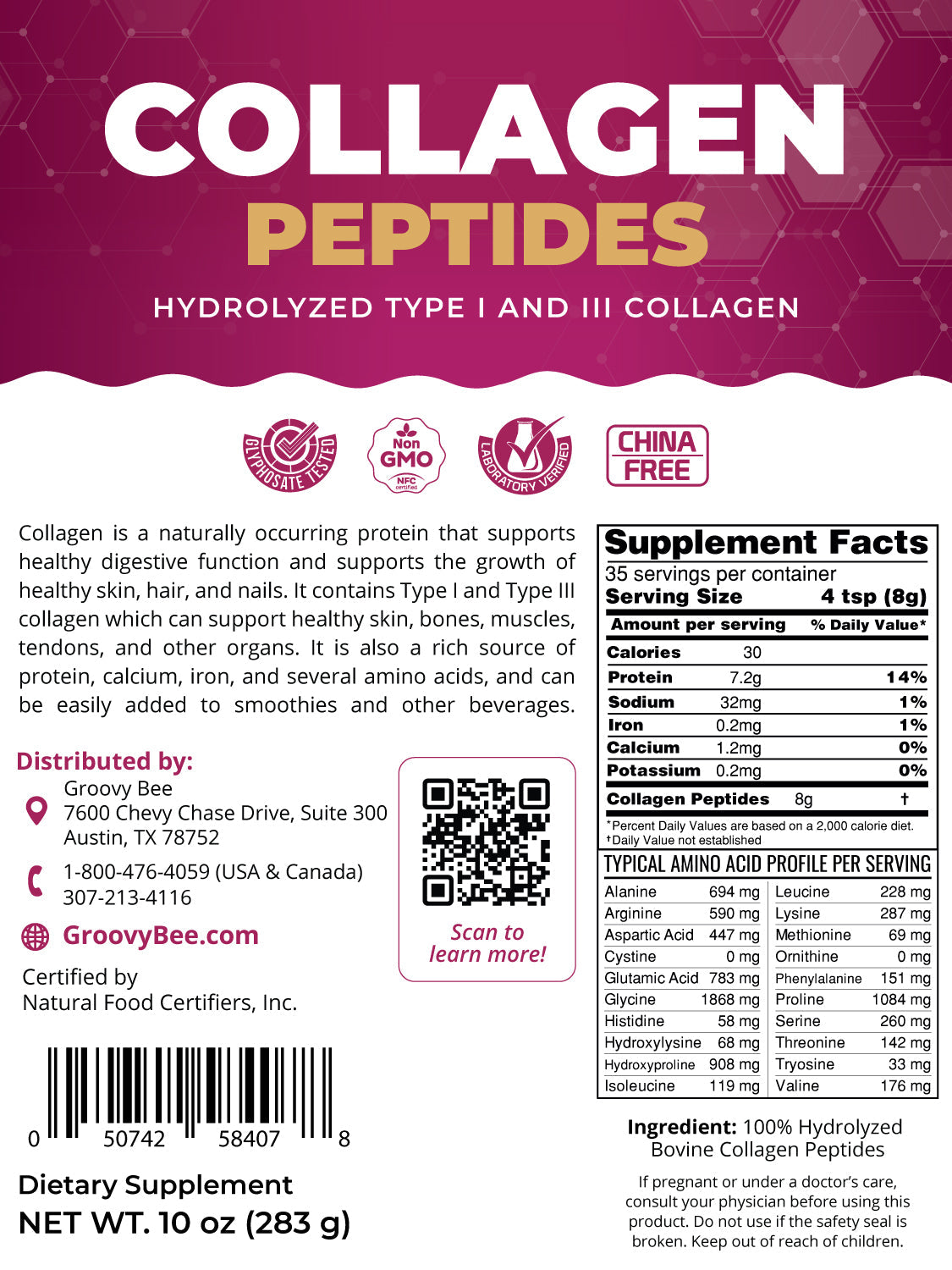 Groovy Bee® Collagen Peptides - Hydrolyzed Type I and III Collagen 10oz (283g)