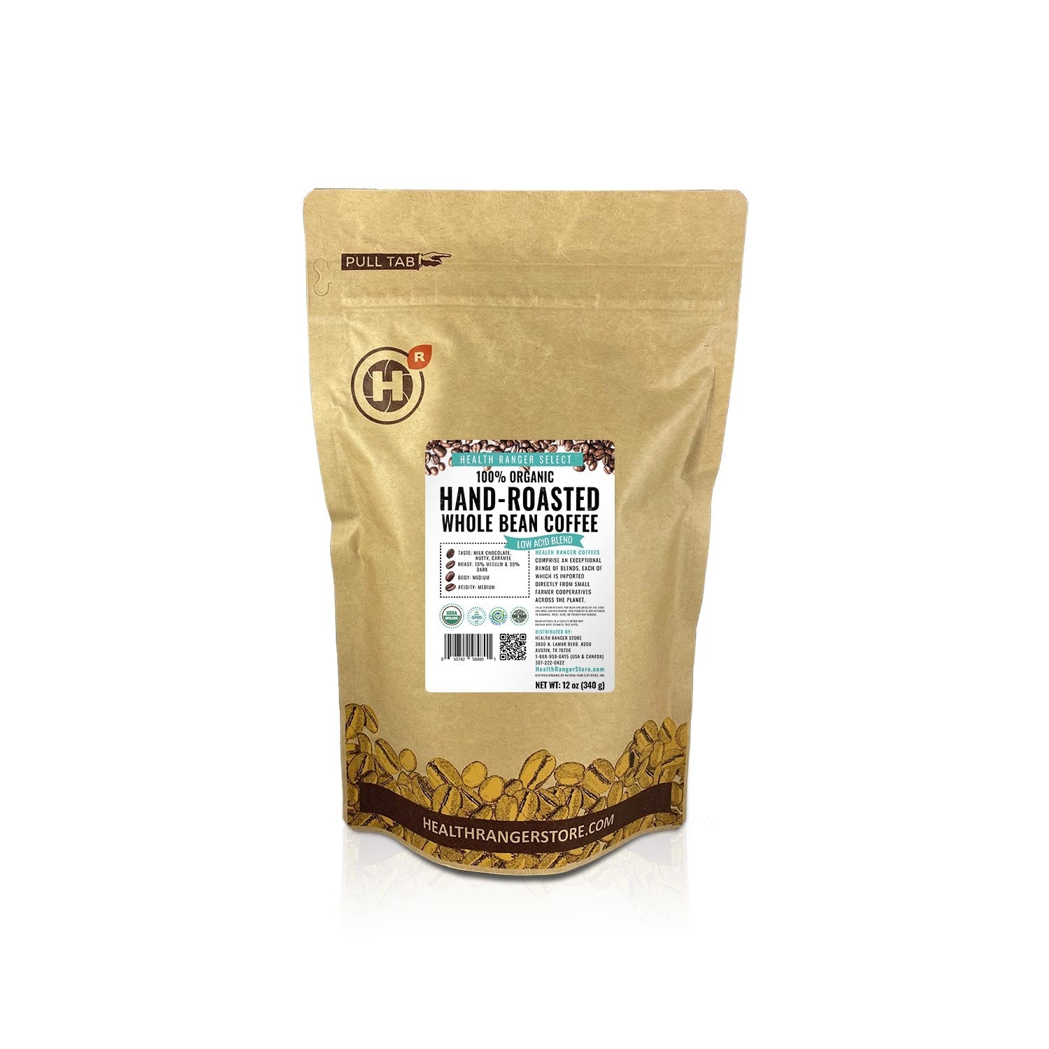 100% Organic Hand-Roasted Whole Bean Coffee (Low Acid Blend) 12oz, 340g
