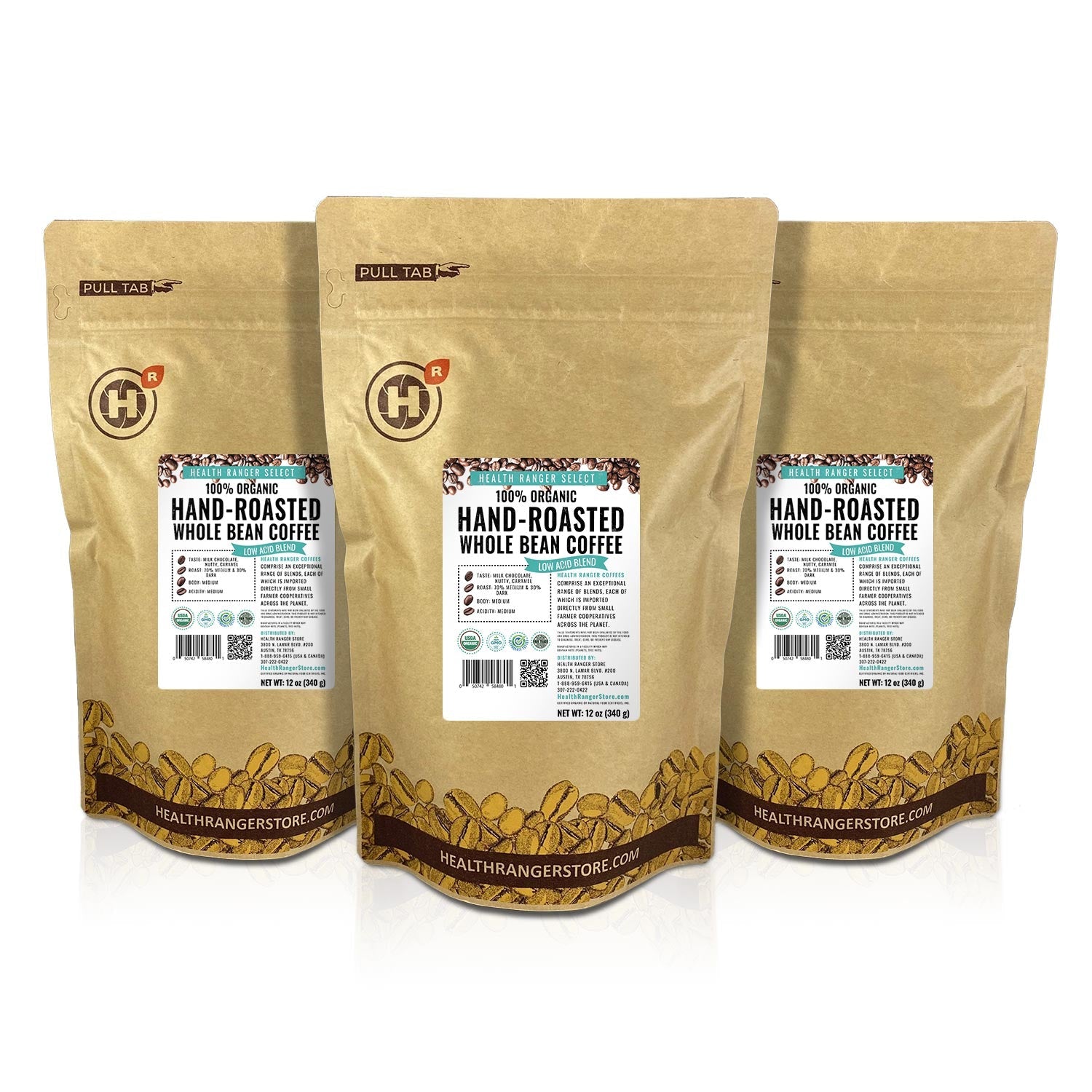 100% Organic Hand-Roasted Whole Bean Coffee (Low Acid Blend) 12oz, 340g (3-Pack)