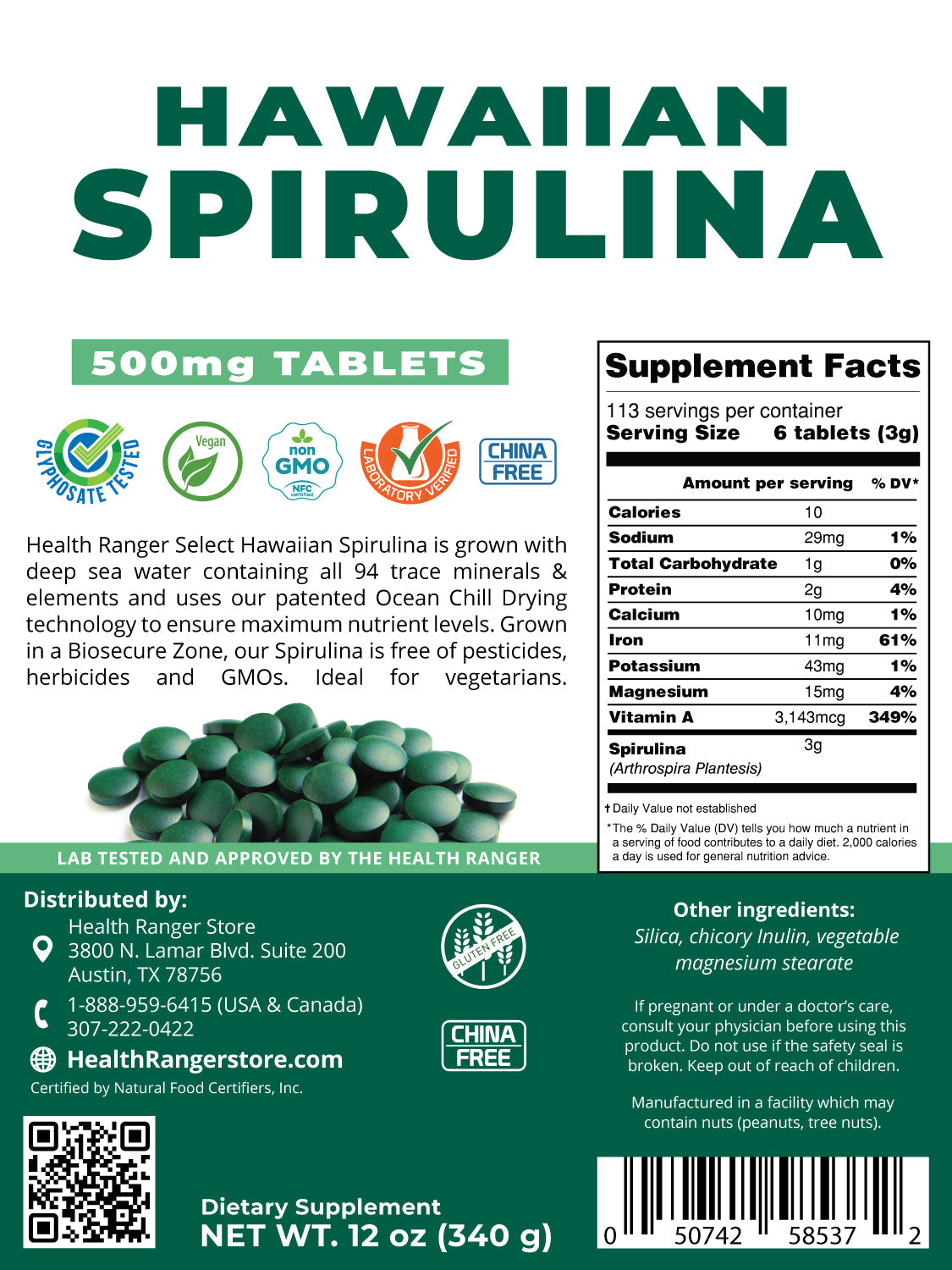 Hawaiian Spirulina Cold Pressed 500mg Tablets 12 oz (340g)