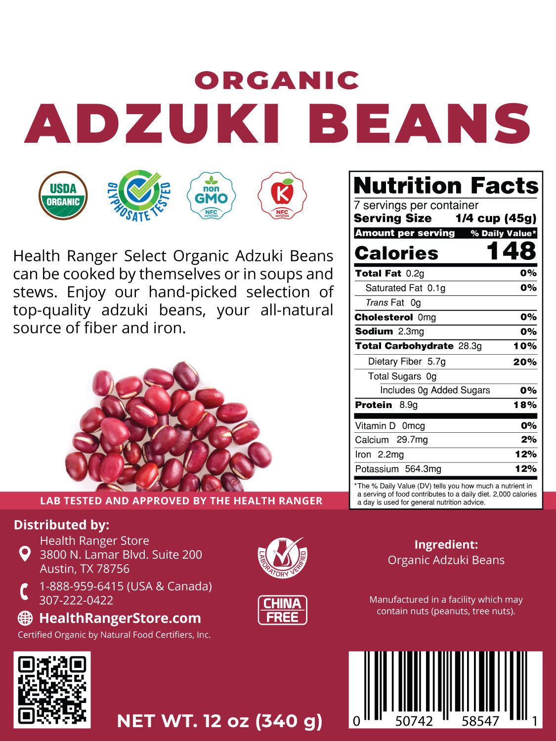 Organic Adzuki Beans 12 oz (340g)