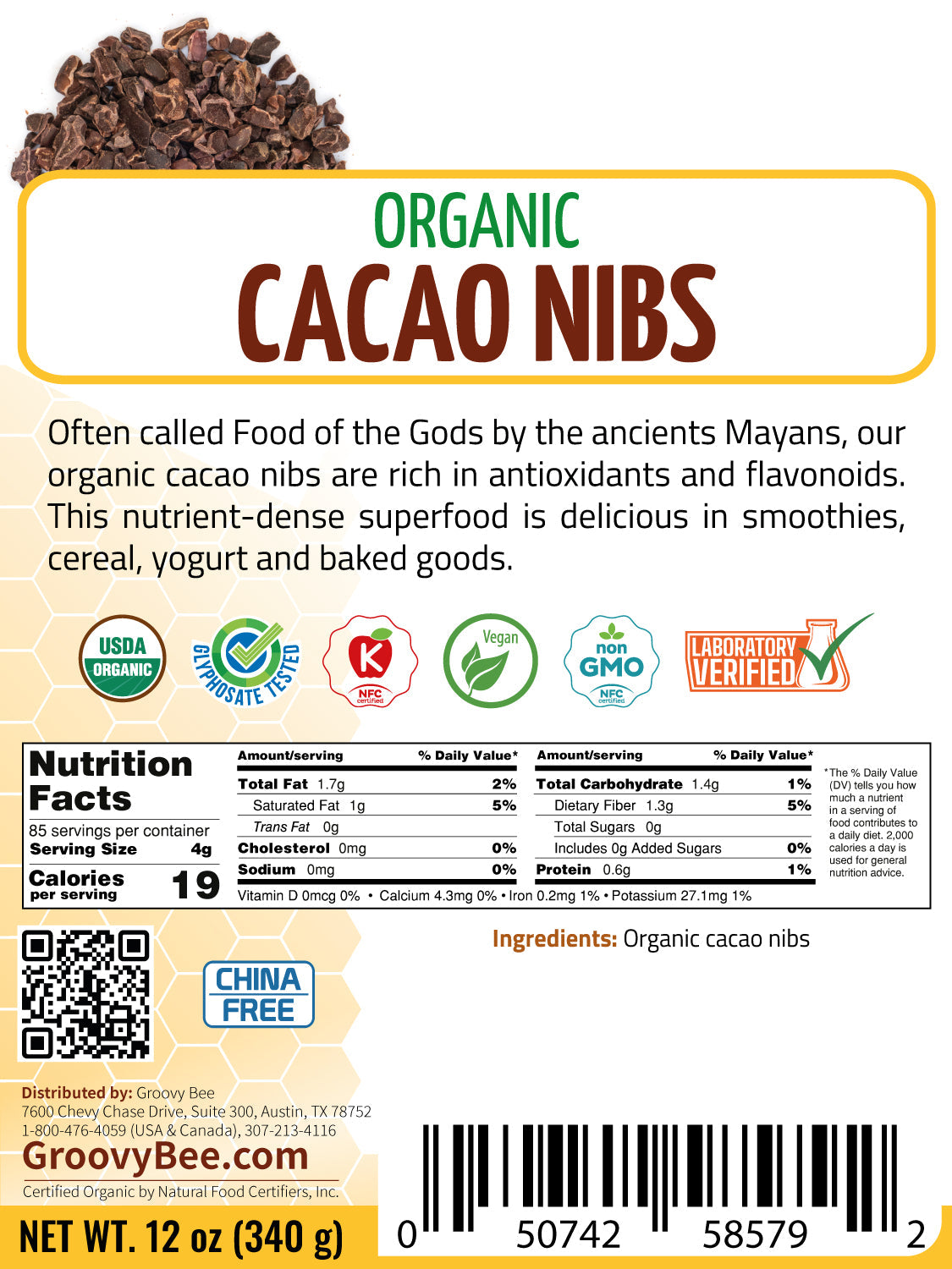 Organic Raw Cacao Nibs 12oz (340g)