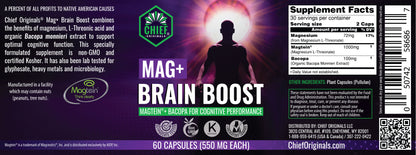 Mag+ Brain Boost Nootropic (Magtein + Bacopa for Cognitive Performance) 60 Capsules (550mg Each)