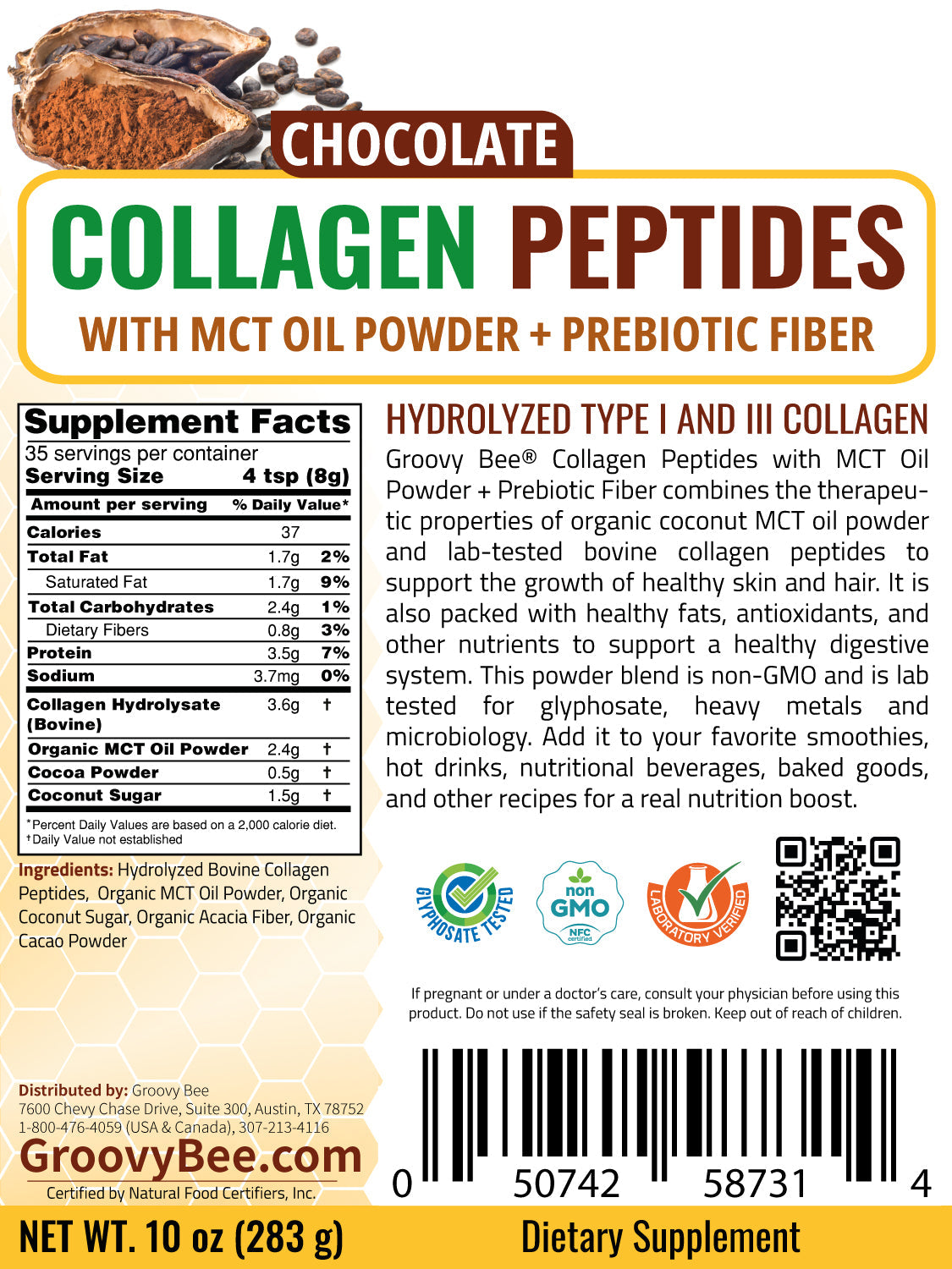 Collagen Peptides + MCT with Prebiotic Fiber - Chocolate 10 oz (283g)