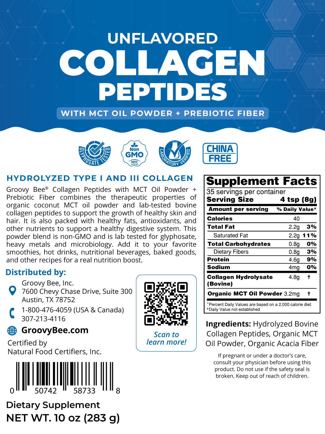 Collagen Peptides + MCT with Prebiotic Fiber - Unflavored 10 oz (283g) (6-Pack)