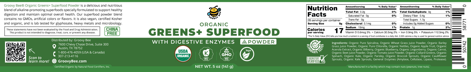 Organic Greens+ Superfood Powder With Digestive Enzymes 5 oz (141 g)