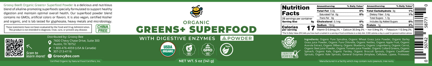 Organic Greens+ Superfood Powder With Digestive Enzymes 5 oz (141 g) (6-Pack)