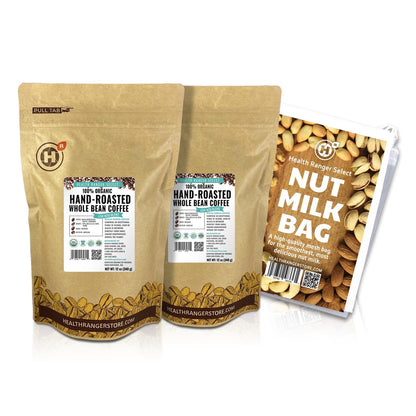 100% Organic Hand-Roasted Whole Bean Coffee (Low Acid Blend) 12oz, 340g (2-Pack) + Nut-Milk / Sprouting Bag