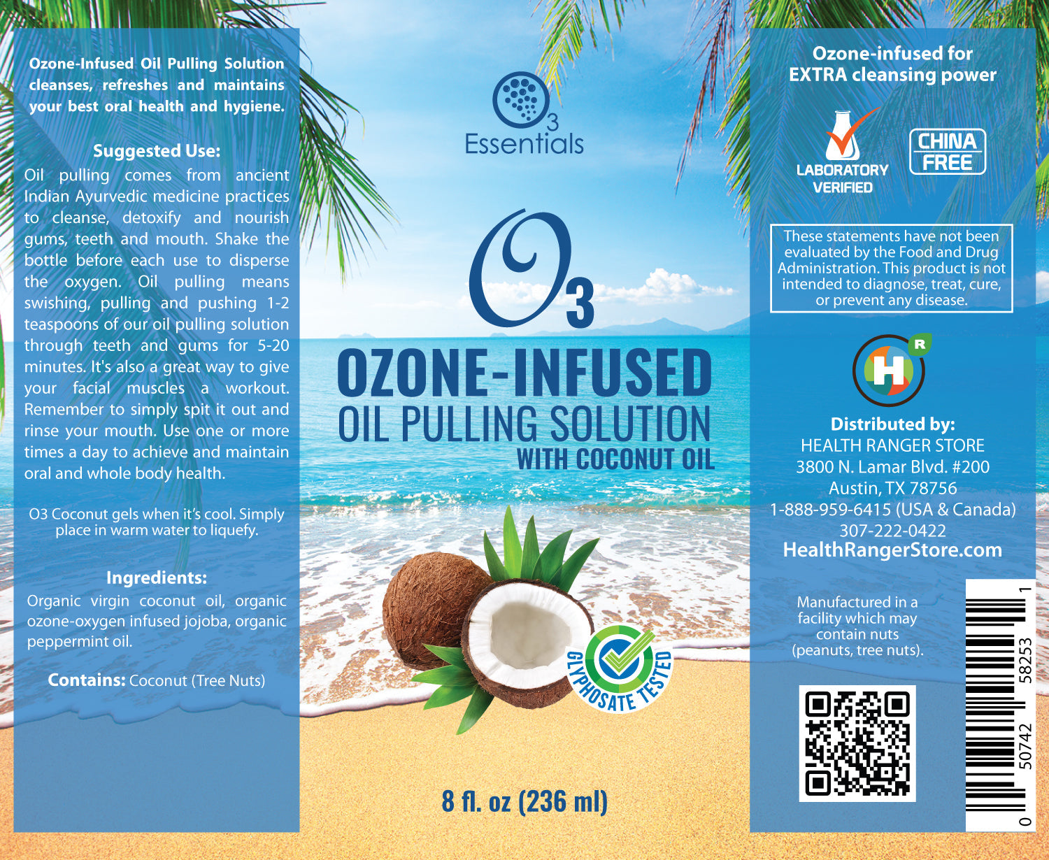O3 Ozone-Infused Oil Pulling Solution 8oz (with Organic Coconut Oil and Organic Peppermint) (3-Pack)